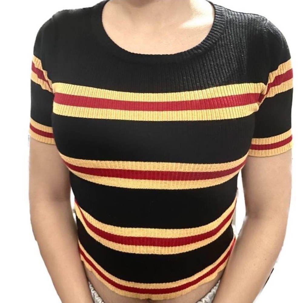 Black yellow and red striped crop top